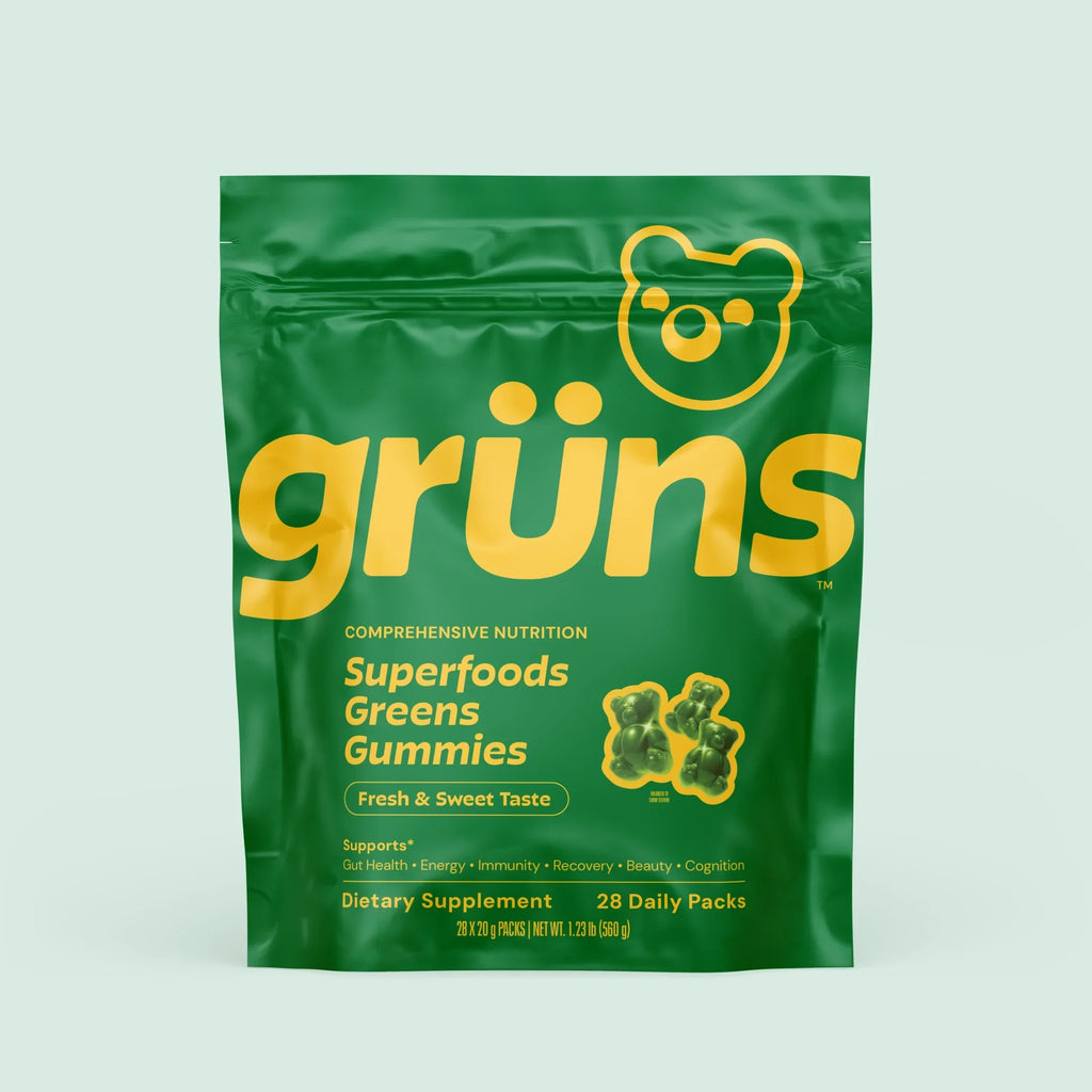 Grüns Adults Low Sugar Superfood Gummies, vegan multivitamin gummies, Green pouch with 28 daily vitamin packs, 60+ whole food nutrients for adults